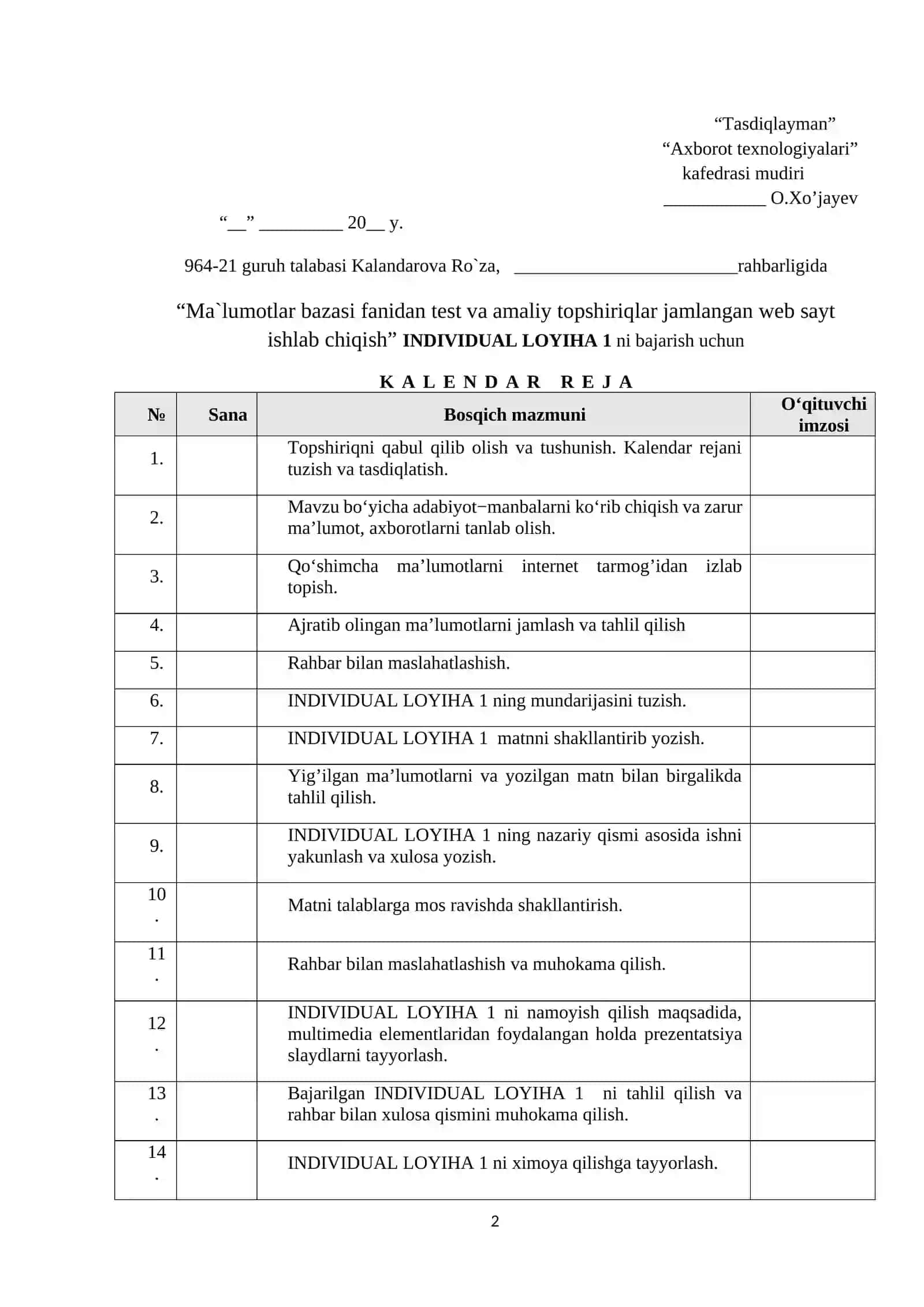 Ma`lumotlar bazasi fanidan test va amaliy topshiriqlar jamlangan web sayt ishlab chiqish 2