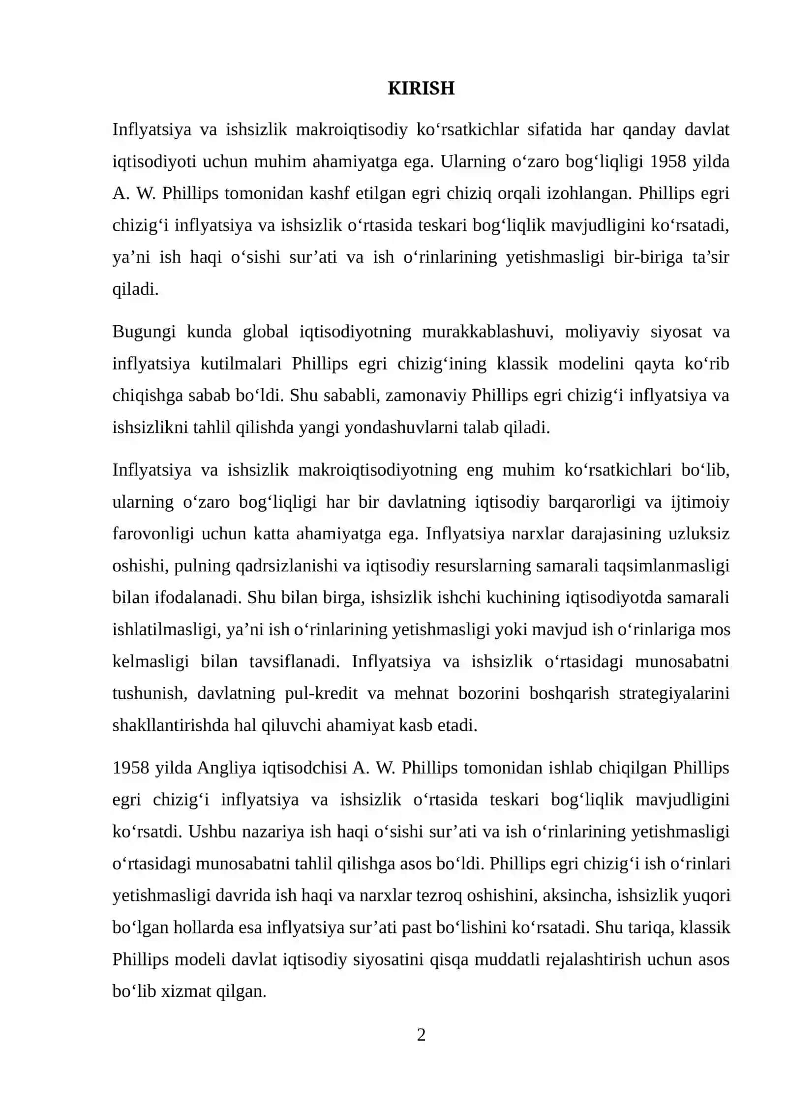 INFLYATSIYA VA ISHSIZLIK: ZAMONAVIY PHILLIPS EGRI CHIZIG‘I 2