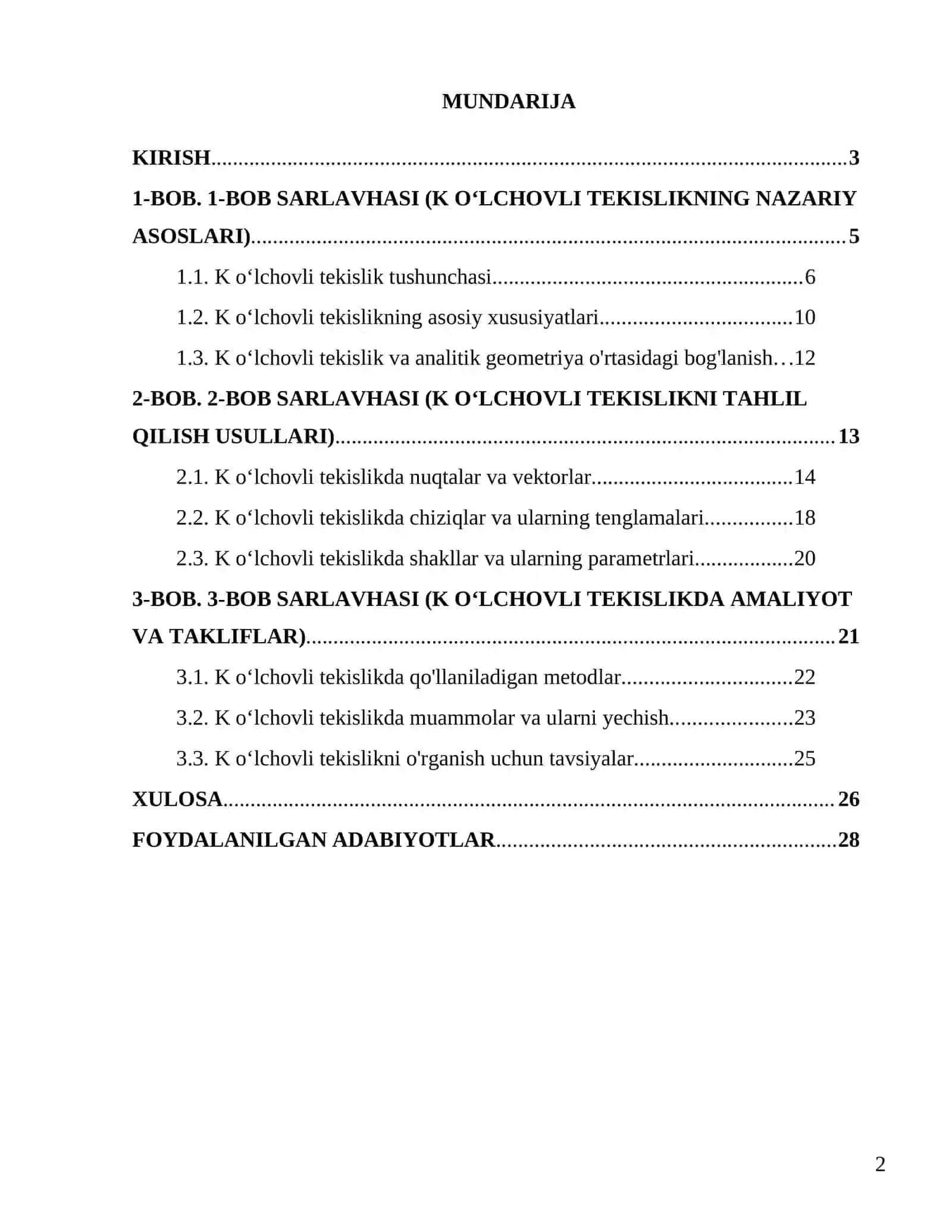 K oʻlchovli tekislik - Kurs ishi 2