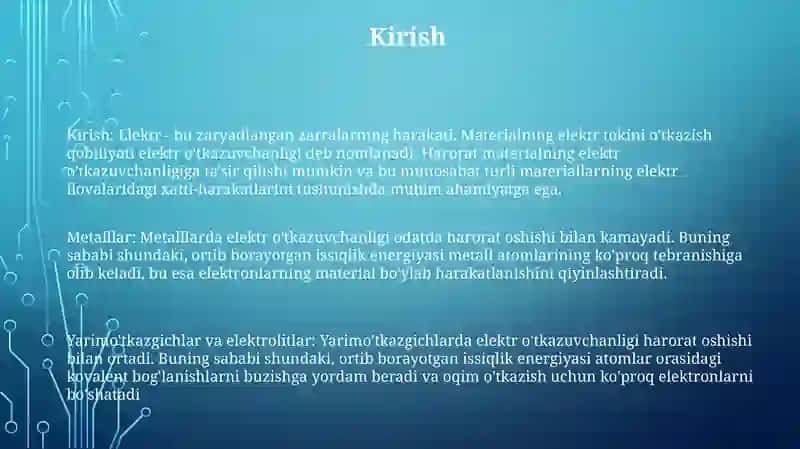 Metallar, Yarim O'Tkazgichlar Va Elektrolitlarda Elektr O'Tkazuvchanlik. 2