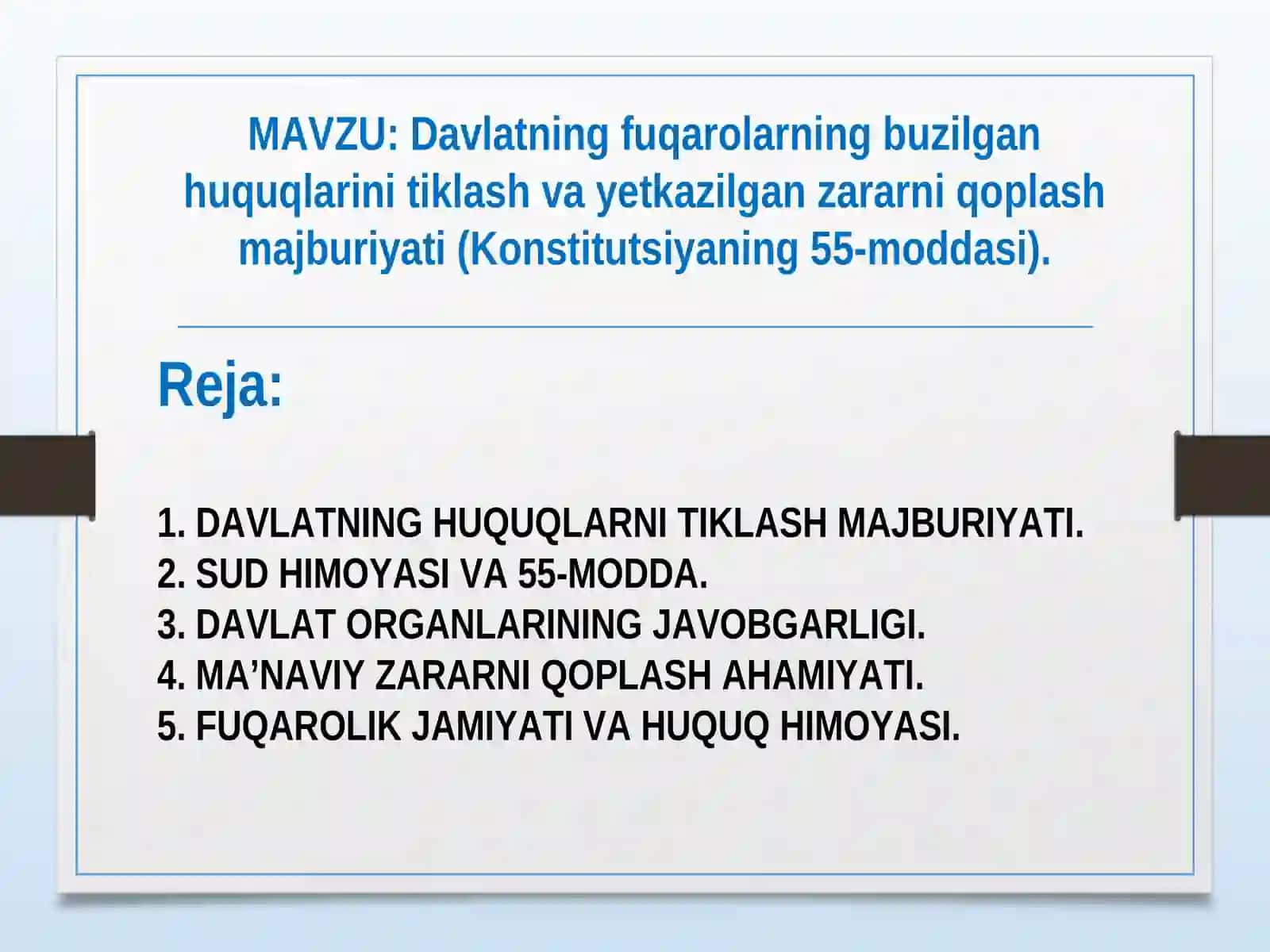 Konstitusiyaviy huquq fanidan Davlatning fuqarolarning buzilgan huquqlarini tiklash 2