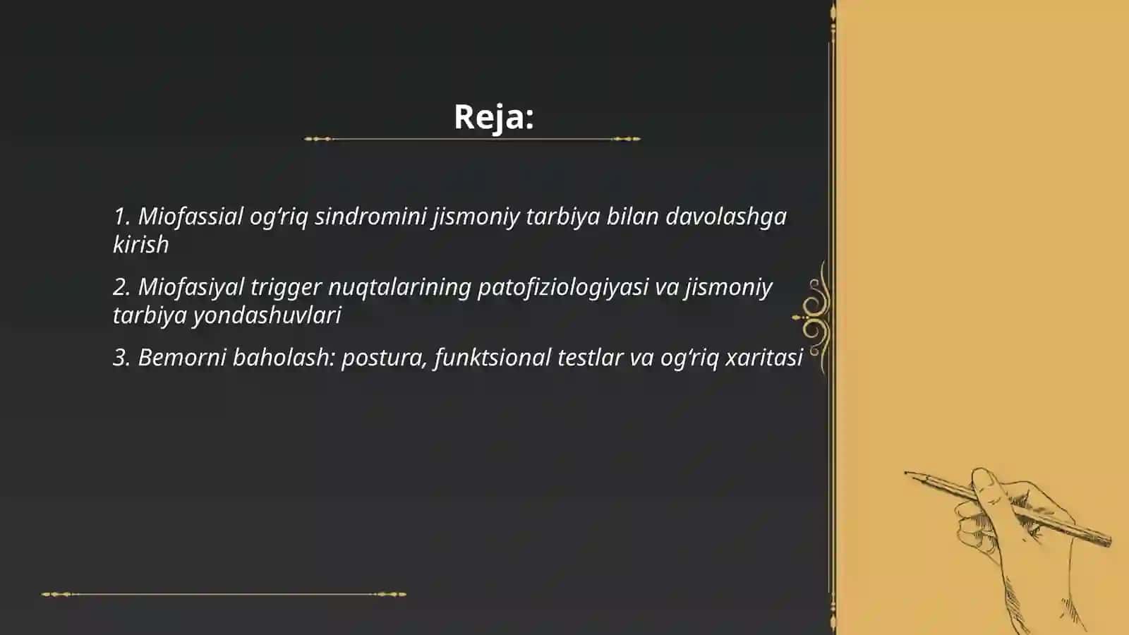 Miofassial og‘riq sindromlarini davolovchi jismoniy tarbiyabilan davolash 2