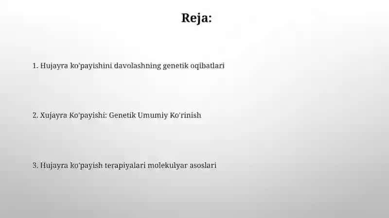 Hujayra prolifatetsiyasi muomalari tibbiyotda roli Genetikadan taqdimot 2