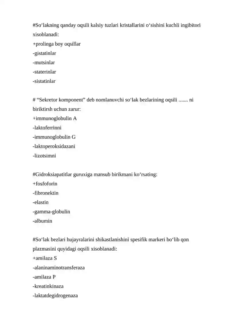 So‘lak oqsillari, ularning biologik roli mavuzsiga test 2