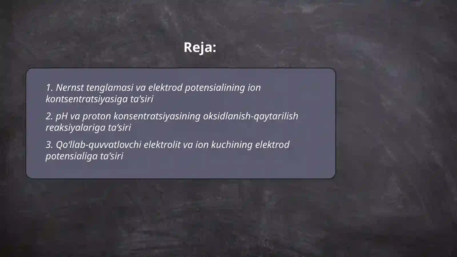 Oksidlanish-qaytarilish reaksiyalarini sodir boʼlishining muhit va elektrod potensiallarga bogʼliqligini oʼrganish 2