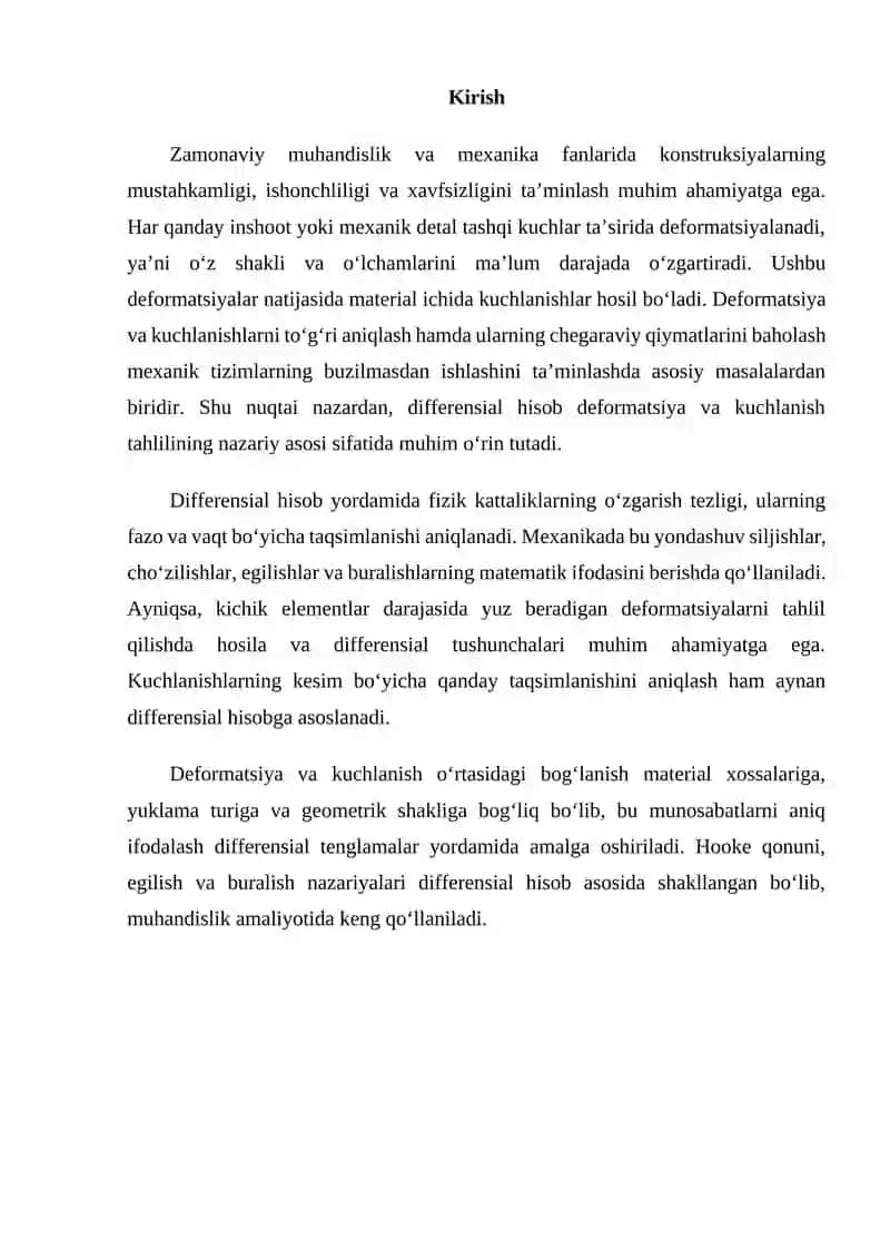 Deformatsiya va kuchlanish tahlilida differensial hisob tadbiqlari 2