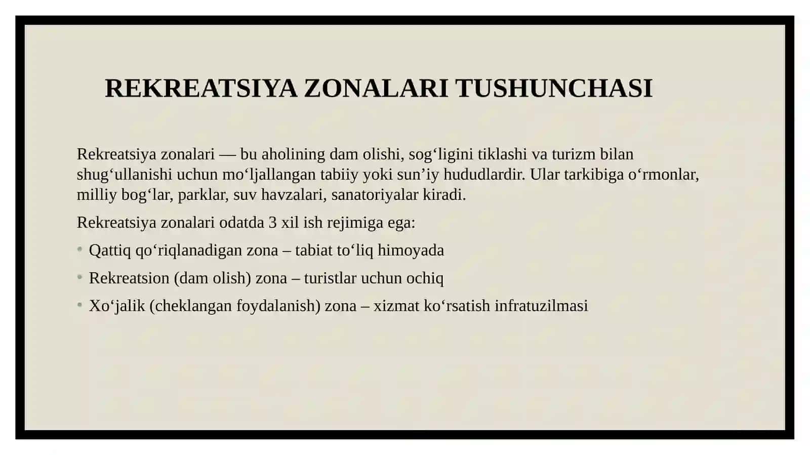 Rekreatsiya zonalari va ularning ish rejimlari 2