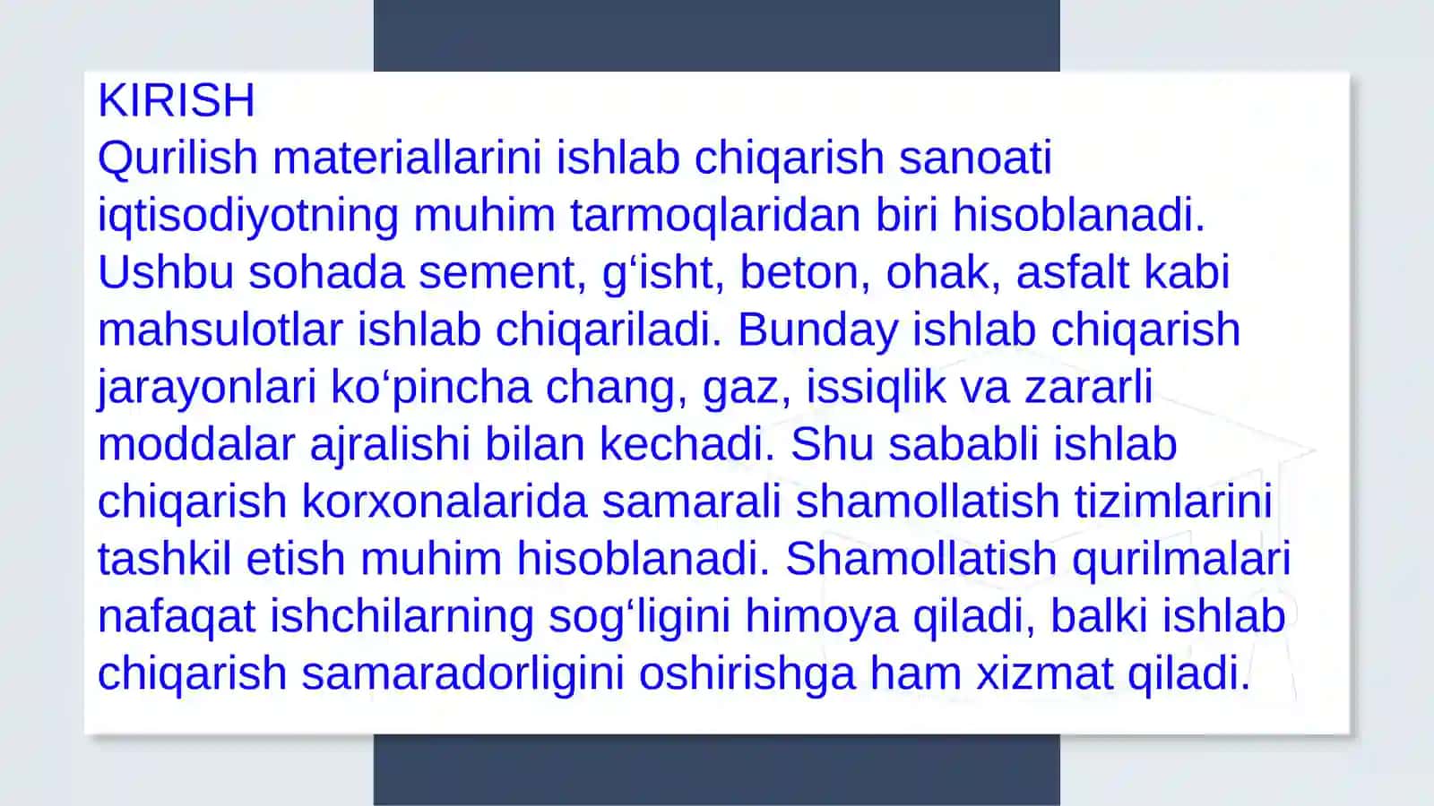 Qurilish materiallarini ishlab chiqarishda shamollatish qurilmalari va uning ahamiyati 2