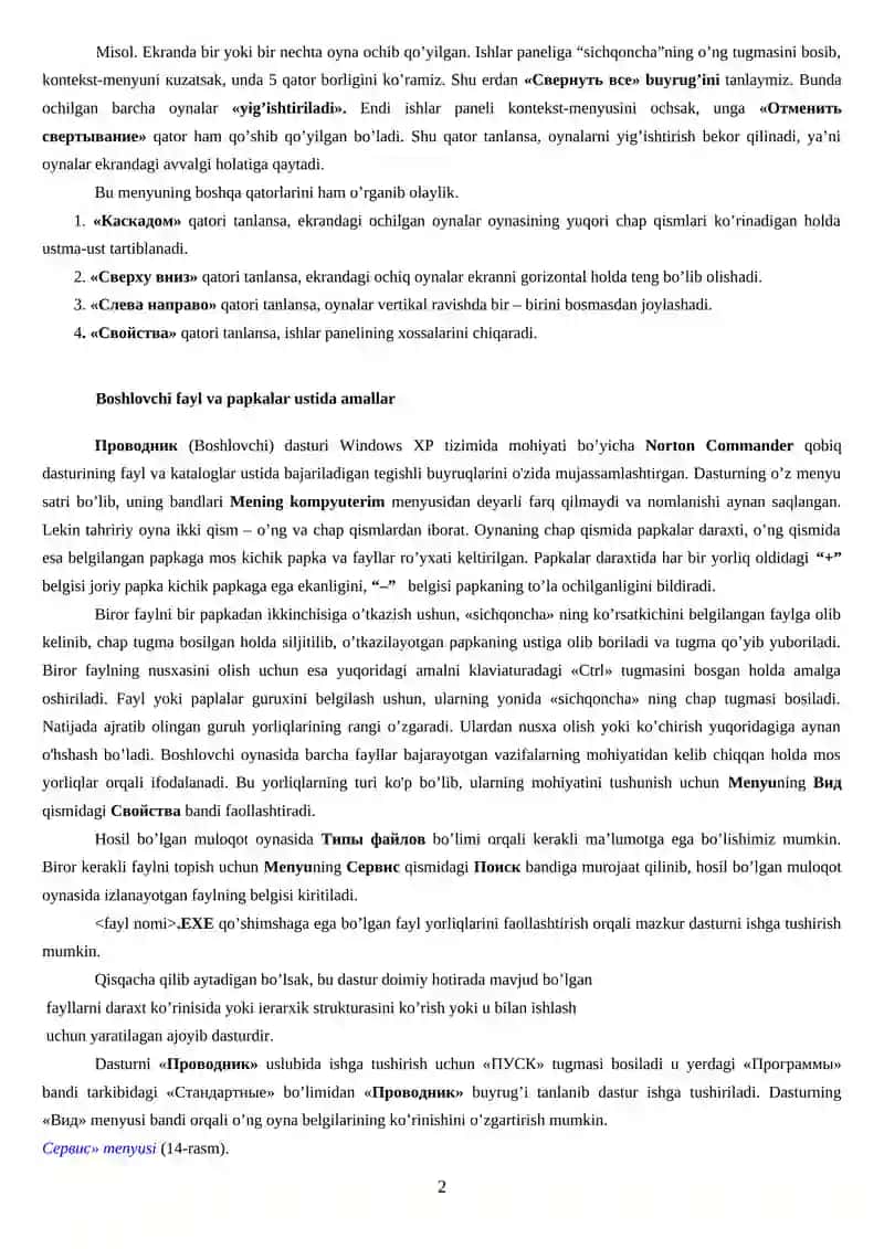 Laboratoriya ishi: Windows operatsion tizimida fayllar sistemasi bilan ishlash. “Provodnik”, “Moy kompyuter” bo’limlari imkoniyatlari va kamchiliklarini bayon qilish 2