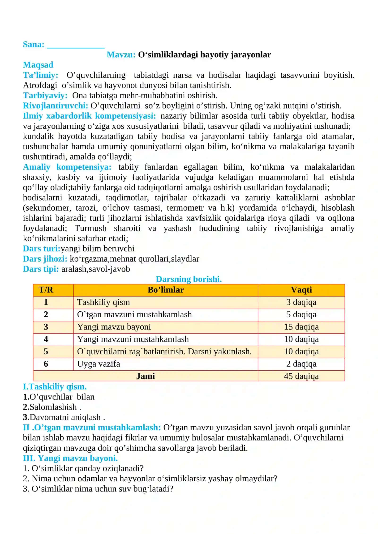 3-sinf Tabiiy fan (Science) O'simliklardagi hayotiy jarayonlar dars ishlanma 2