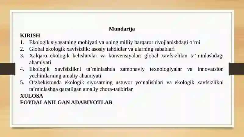 EKOLOGIK SIYOSAT VA GLOBAL EKOLOGIK XAVFSIZLIK MUAMMOLARI 2