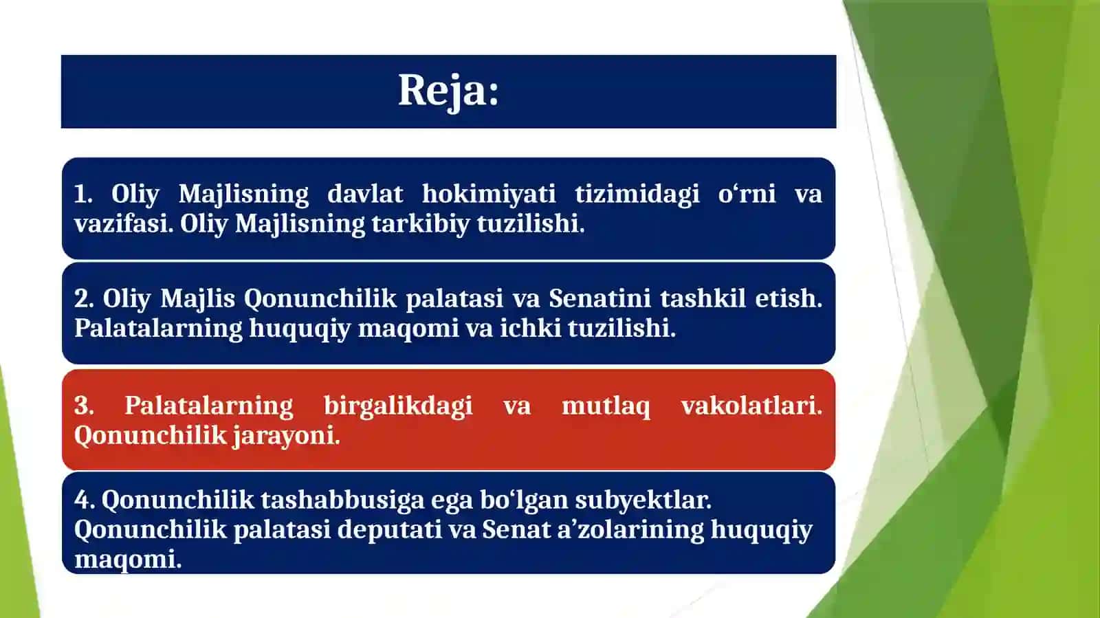 11-mavzu:Yangi Konstitutsiyada O‘zbekiston Respublikasining Oliy Majlisi tarkibi va vakolatidagi o‘zgarishlar 2