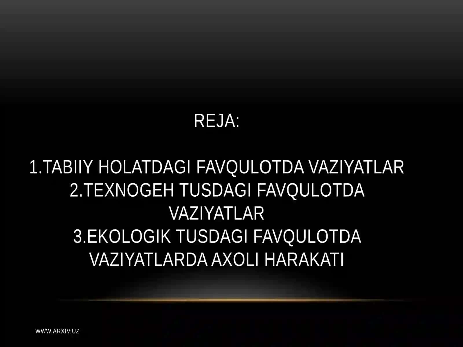 TABIIY, TEХNOGENVA EKOLOGIK TUSDAGI FAVQULODDAVAZIYATLAR 2