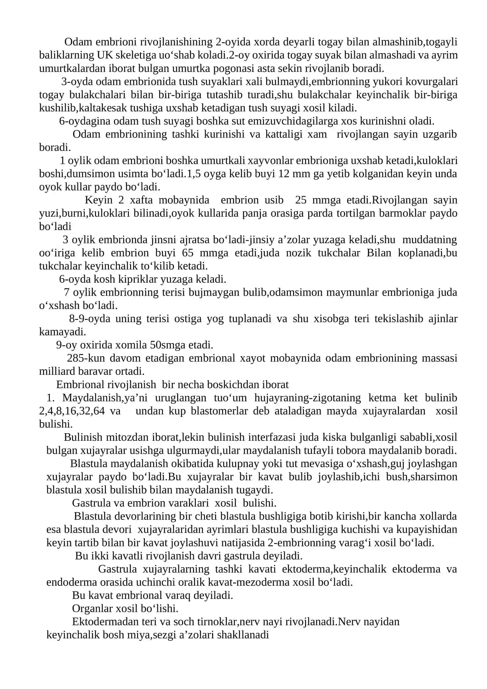 Ontogenez nazariyasi va salomatlik. Ontogenez tushunchalarining ta’rifi. Ontogenezni prenatal va postnatal davrlarga bo‘linishi. Embrionning taraqqiy etishi to‘g‘risida tushuncha. Inson organizmi turli davrlariga xos bo‘lgan salomatlik omillari va ko‘rsatkichlari 2