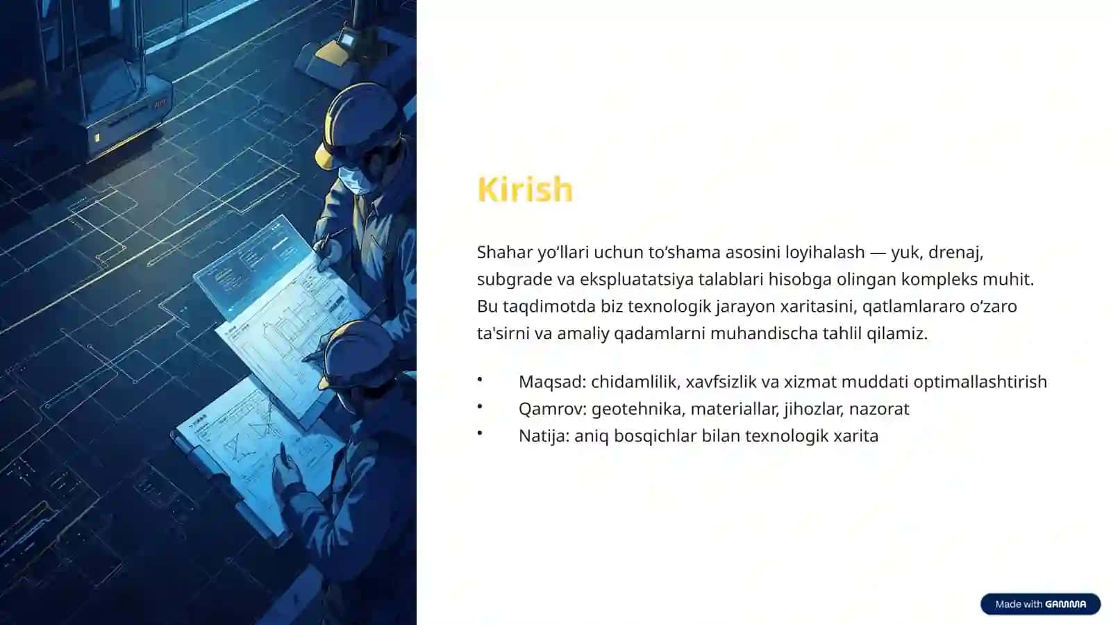 Shaharyo‘llariYo‘l to‘shamalari asosini qurish texnologik xaritasi 2