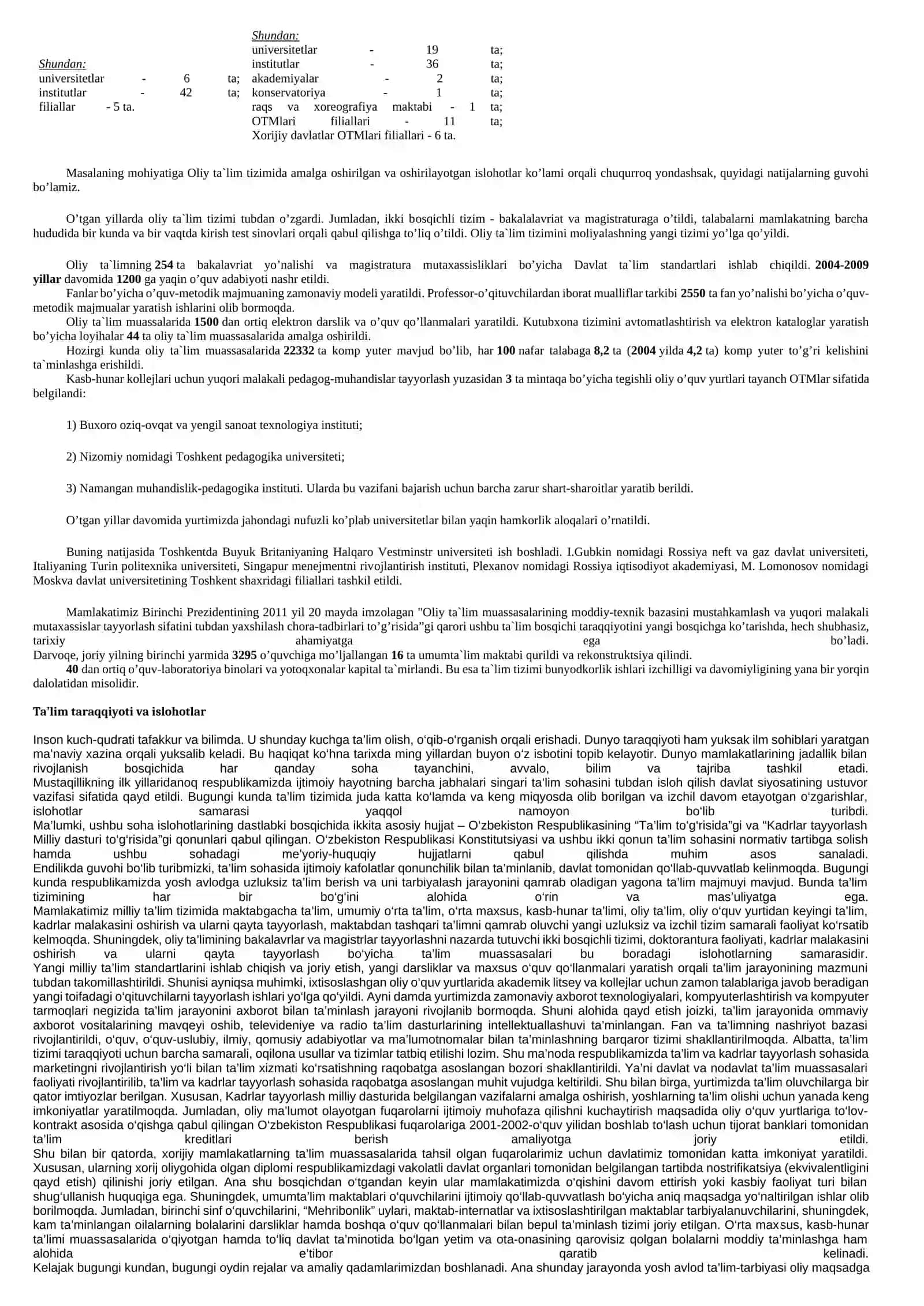Mustaqillik yillarida ta`lim taraqqiyoti va rivojlanishi islohatlar 2