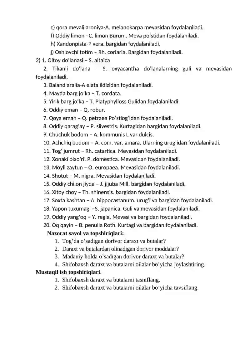 DARAXT VA BUTA HAYOTIY SHAKLIGA MANSUB SHIFOBAXSH O’SIMLIKLAR 2