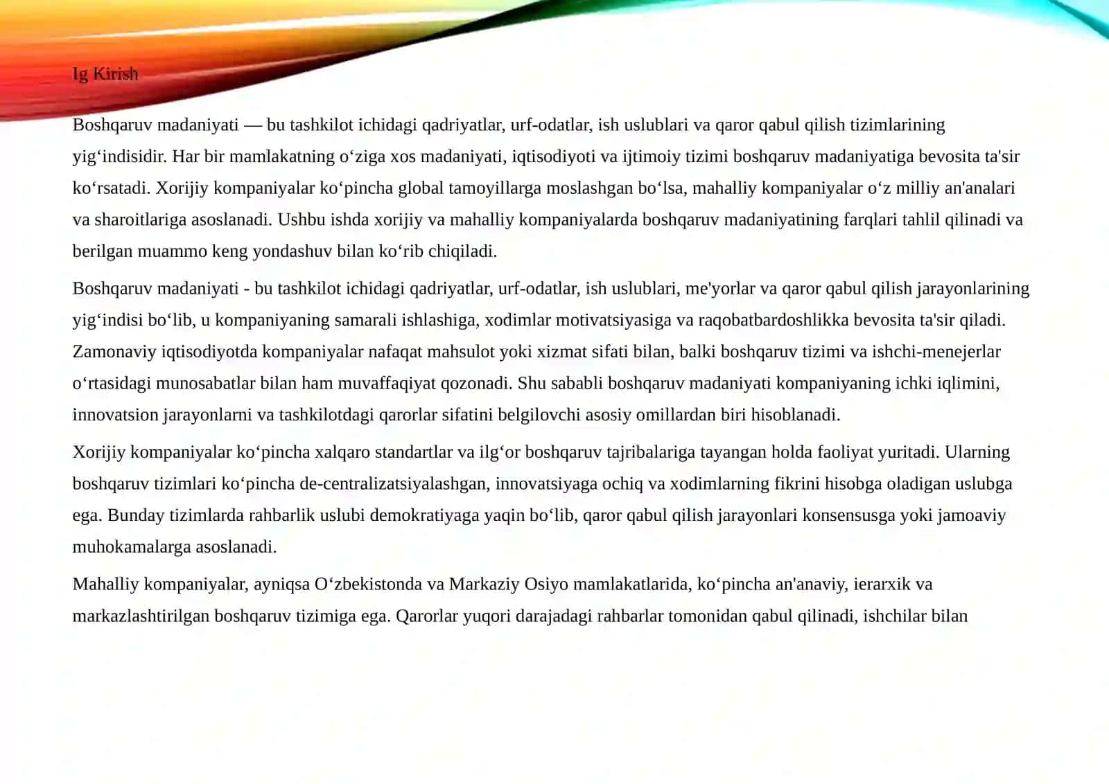 XORIJIY VA MAHALLIY KOMPANIYALARDA BOSHQARUV MADANIYATINI QIYOSLASH VA BERILGAN MUAMMONI KENG TAHLIL QILISH 2