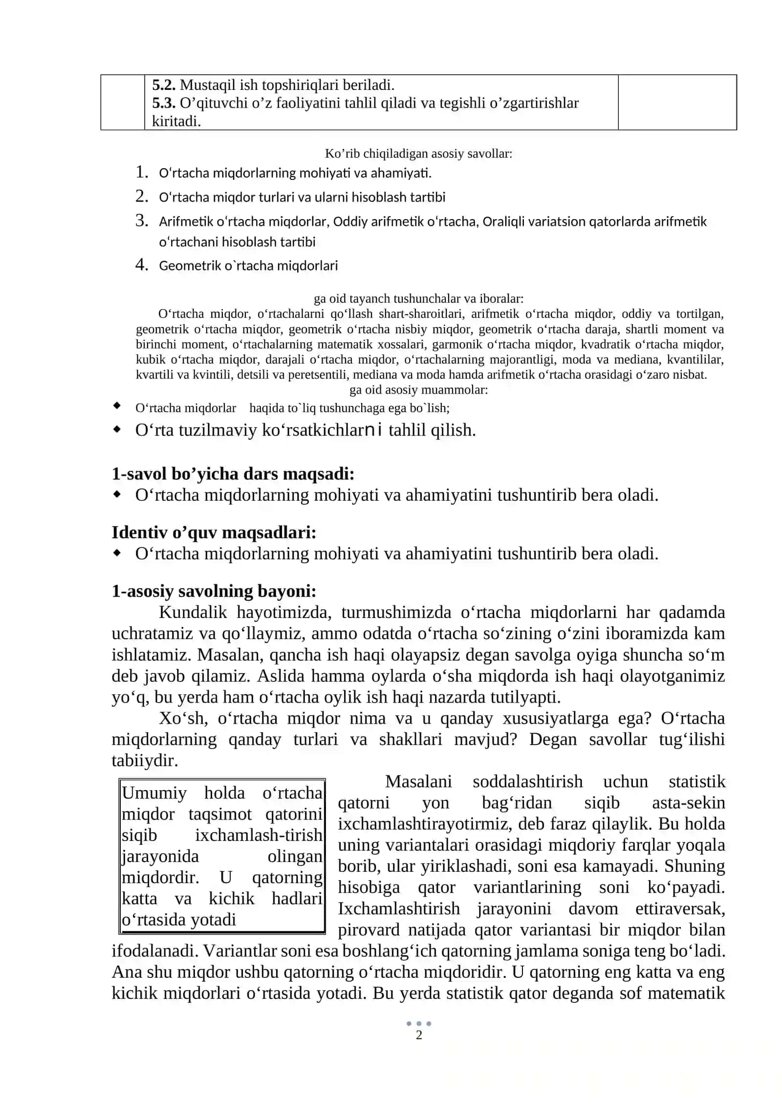 O‘RTACHA MIQDORLAR VA O‘RTA TUZILMAVIY KO‘RSATKICHLAR 2