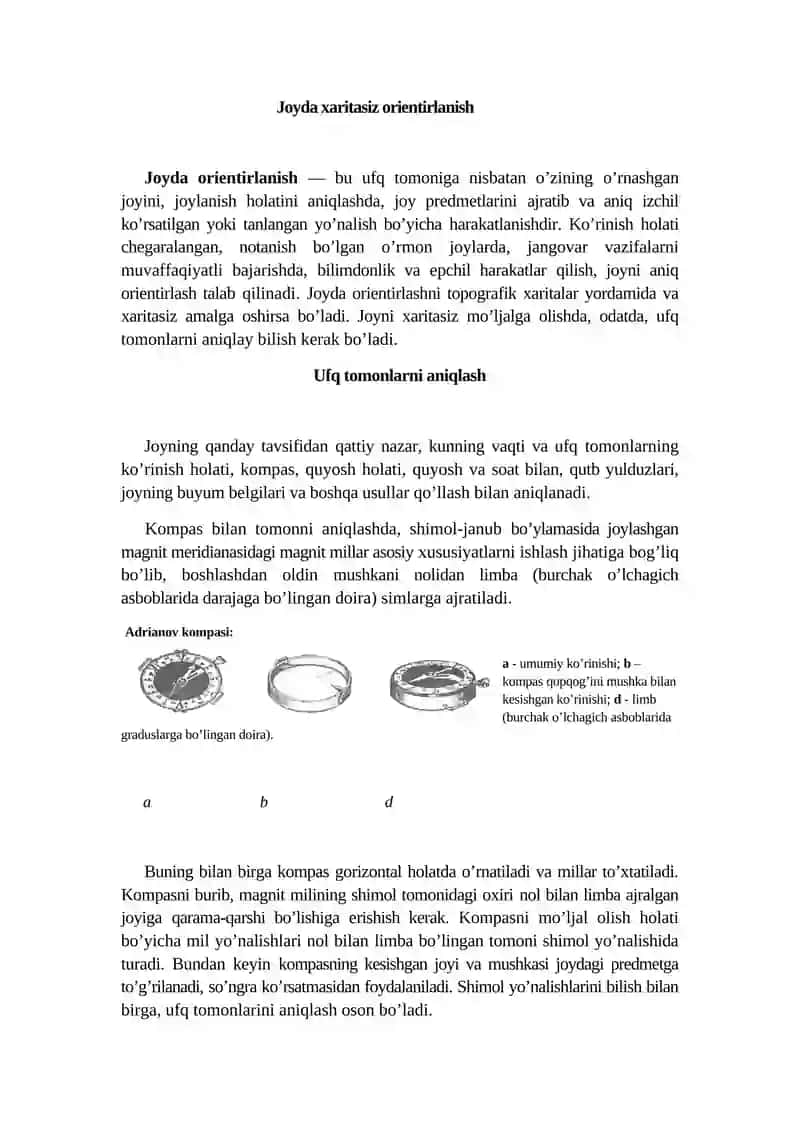 Joylarda xaritasiz mo‘ljal olish va azimuth bo’yicha harakatlanish 2