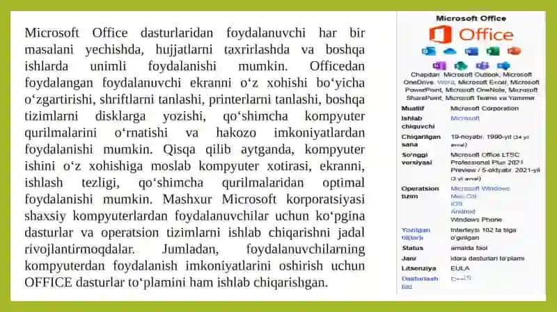 Office dasturlari imkoniyatlari 2