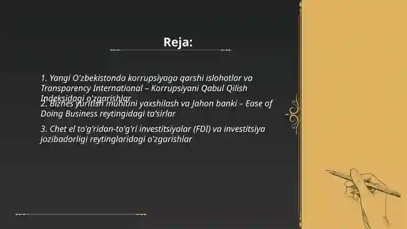 Yangi O'zbekiston ijtimoiy -siyosiy, iqtisodiy va madaniy hayotida ro'y beryotgan o‘zgarishlarning xalqaro reyting va indekislarida aks etishi 2