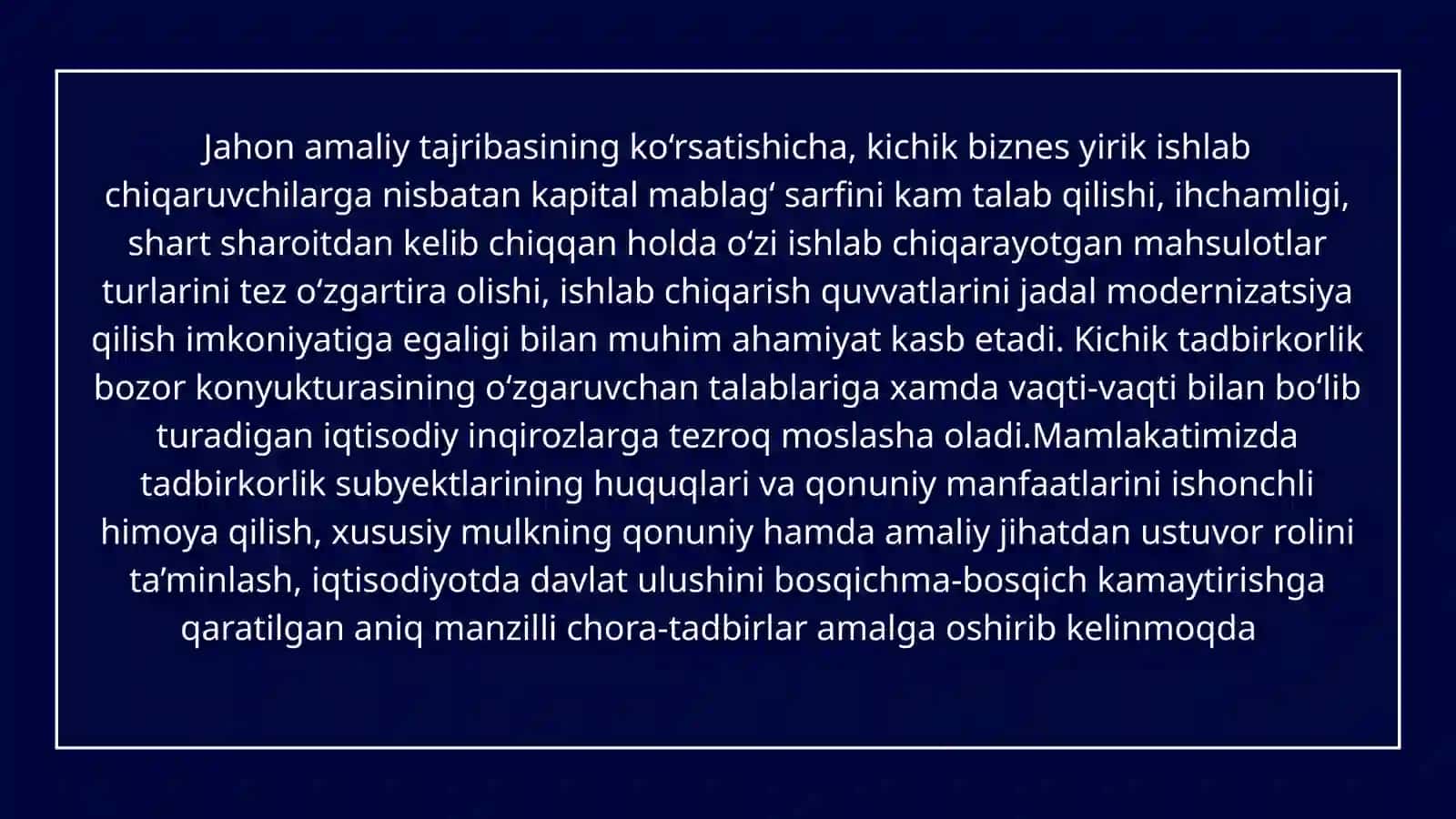 O'zbekistonda kichik biznes va xususiy tadbirkorlıkning shakllantirilishi va uning, o'ziga xosligi 2
