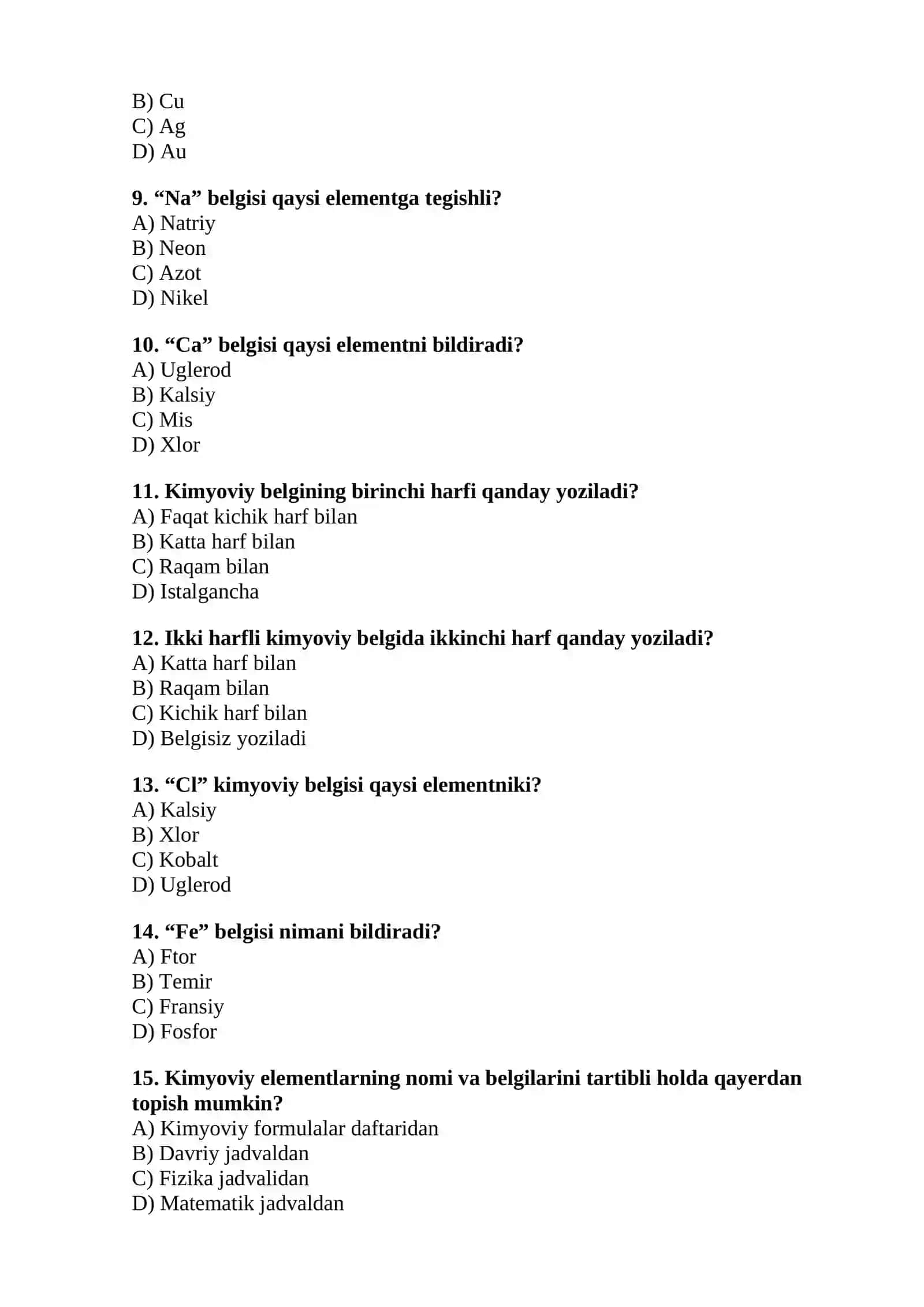 Kimyoviy element va kimyoviy belgi testi 2