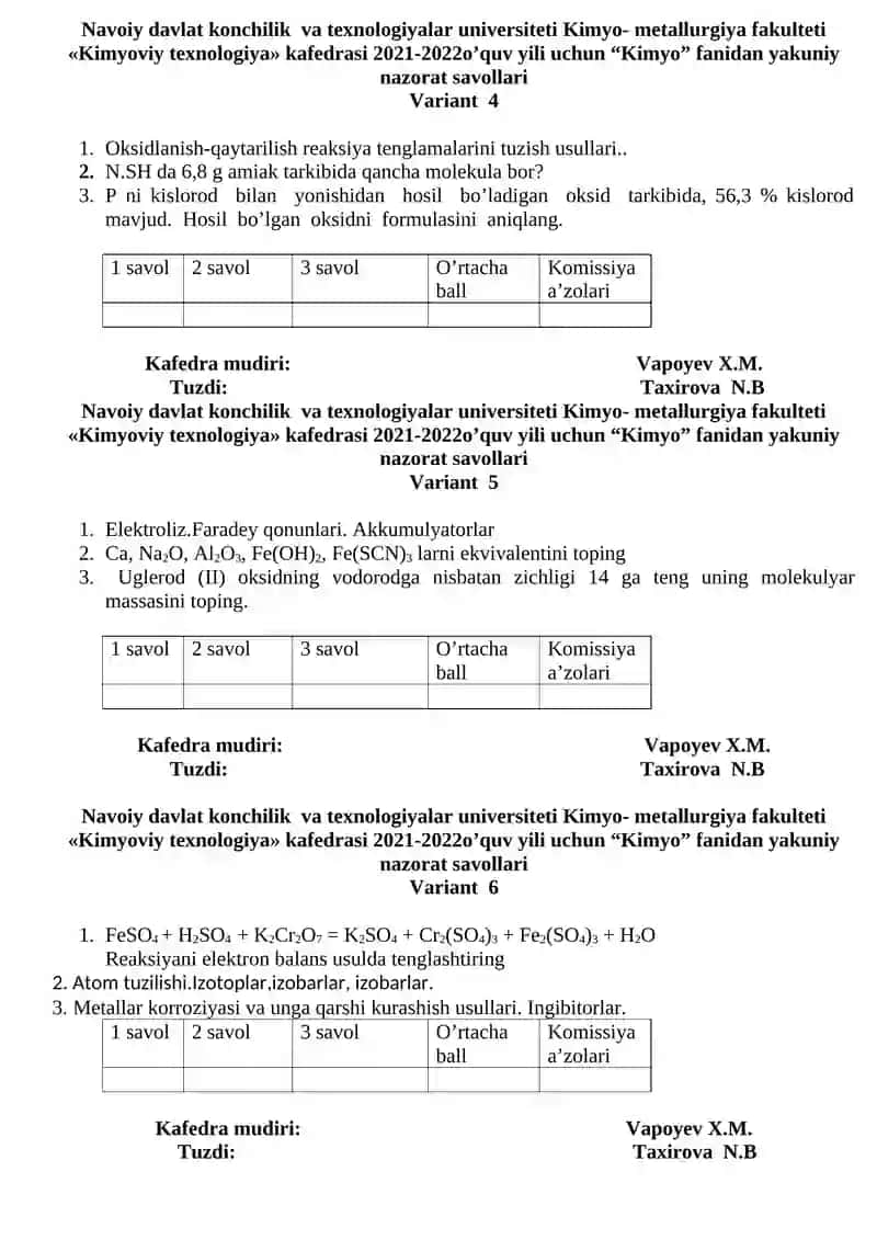 Kimyoviy texnologiya nazorat savollari 2