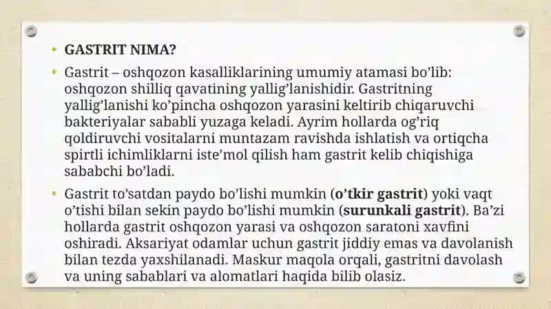 Gastirit Oshqozon ichak yarasi va kolit kelib chiqishida mikroorganizmlarning ahamiyati patogenizi labaratoriya tashxisi 2