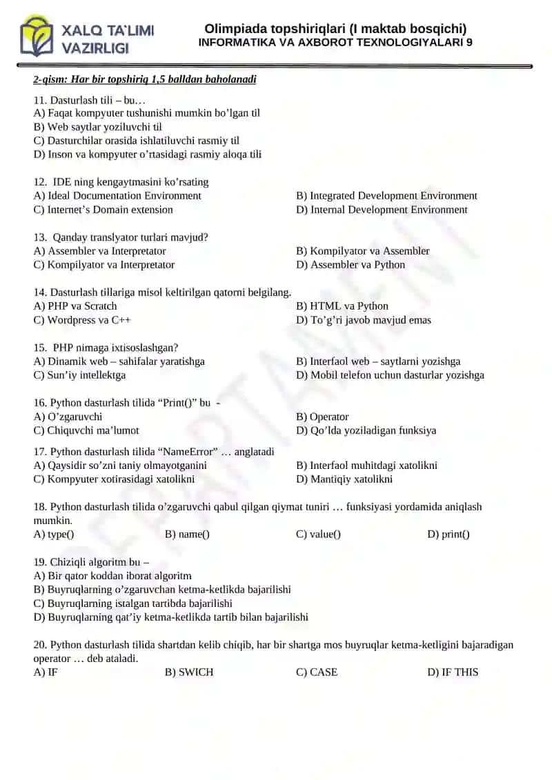 Olimpiada topshiriqlari (I maktab bosqichi) INFORMATIKA VA AXBOROT TEXNOLOGIYALARI 9 2