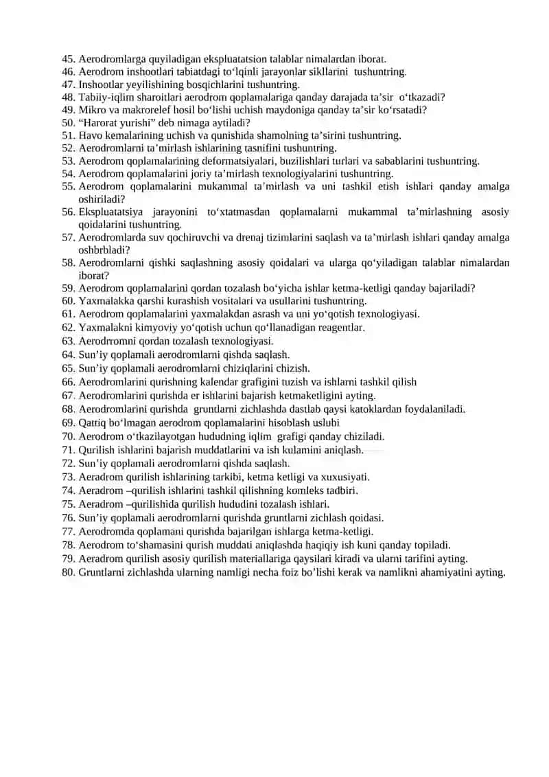 Aerodromlarni loyihalash, qurish va ekspluatatsiya qilish fanidan nazorat savollari 2