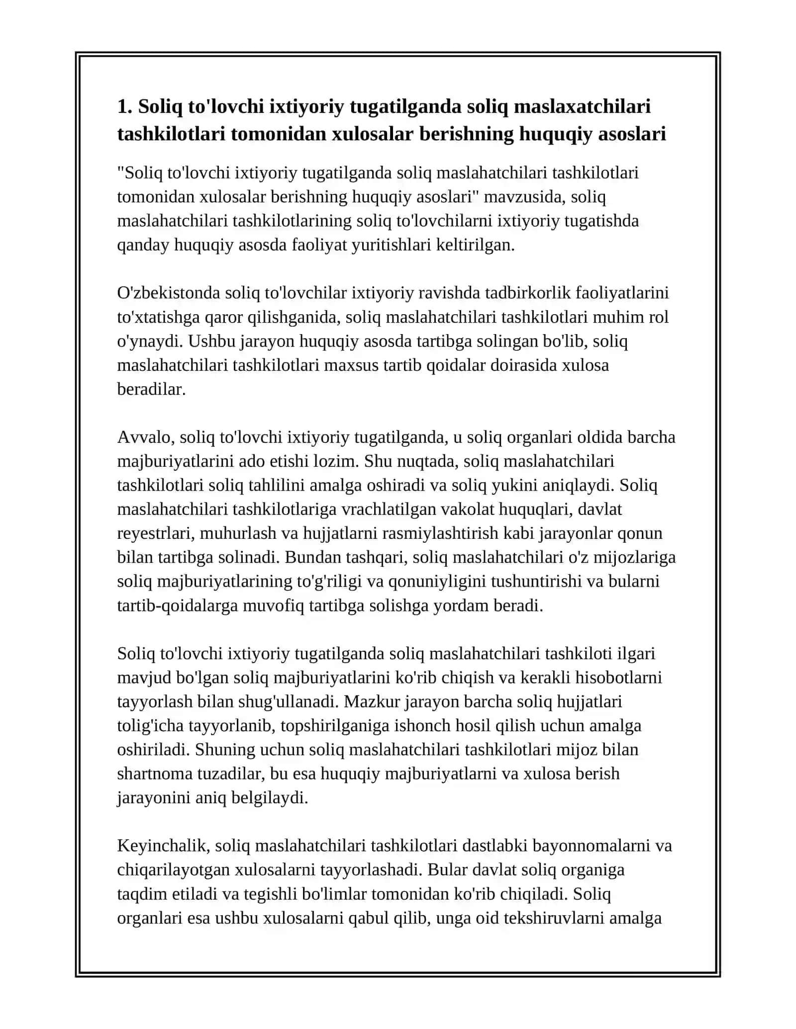 SOLIQ TO'LOVCHILAR IXTIYORIY TUGATILGANDA SOLIQ MASLAXATCHILARI TASHKILOTLARI TOMONIDAN SOLIQLARGA DOIR XULOSALARNI BERISH TARTIBI 2