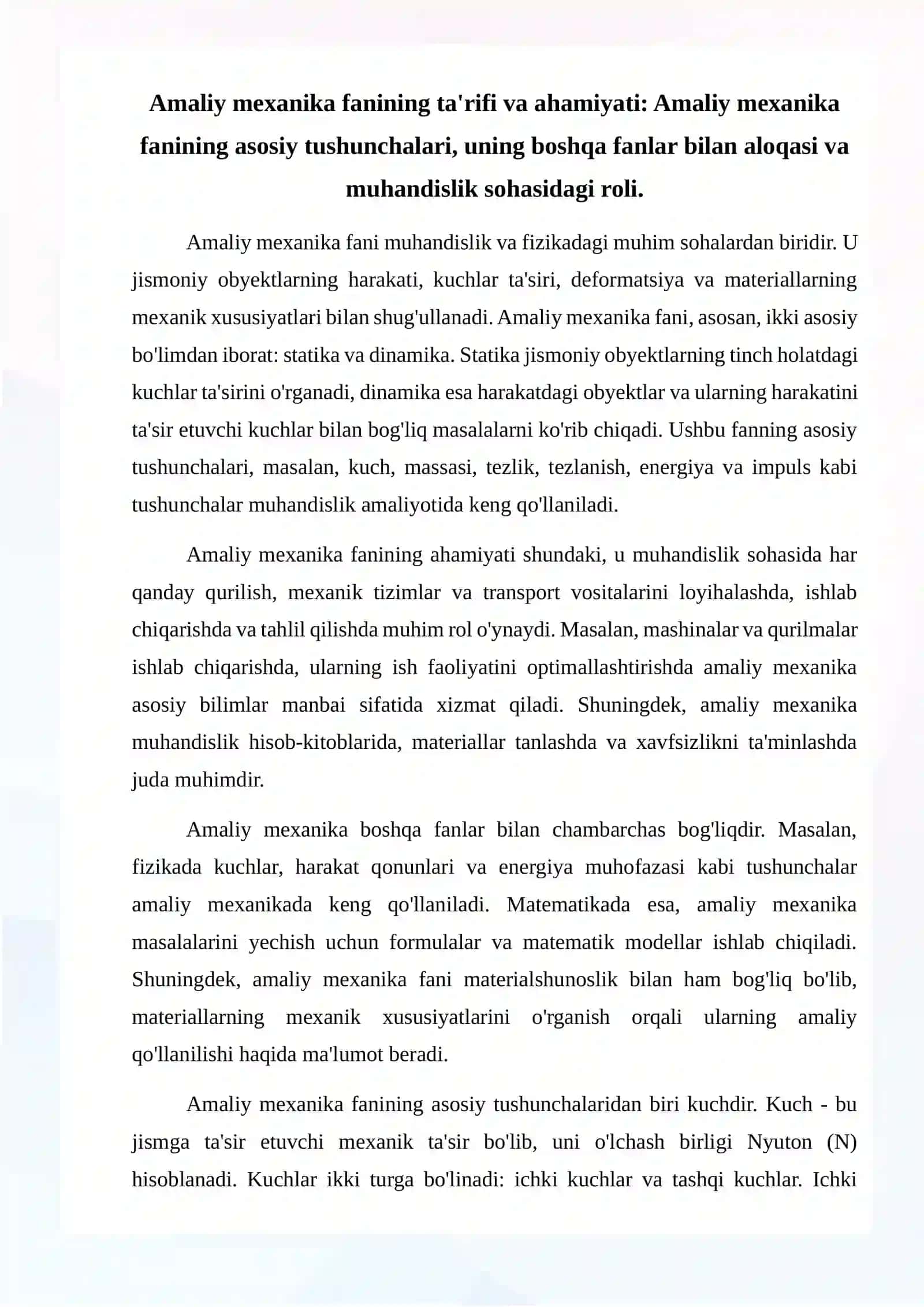 Amaliy mexanika fanining mazmuni va kelib chiqishi 2