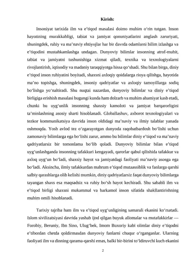 Dunyoviy bilimlar va diniy e'tiqod birligiga erishishning ahamiyati. 2