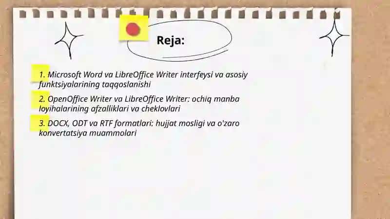 Ms office Word, Libre offis Writer, Open Offis Writer redaktorlarining tahlili 2