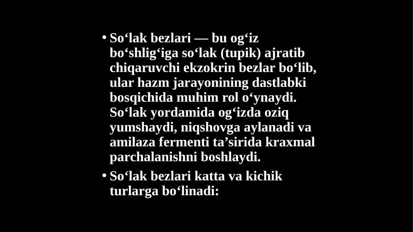 Yuz jagʻ sohasidagi soʻlak bezlari anatomiyasi va soʻlak tarkibi haqida. 2