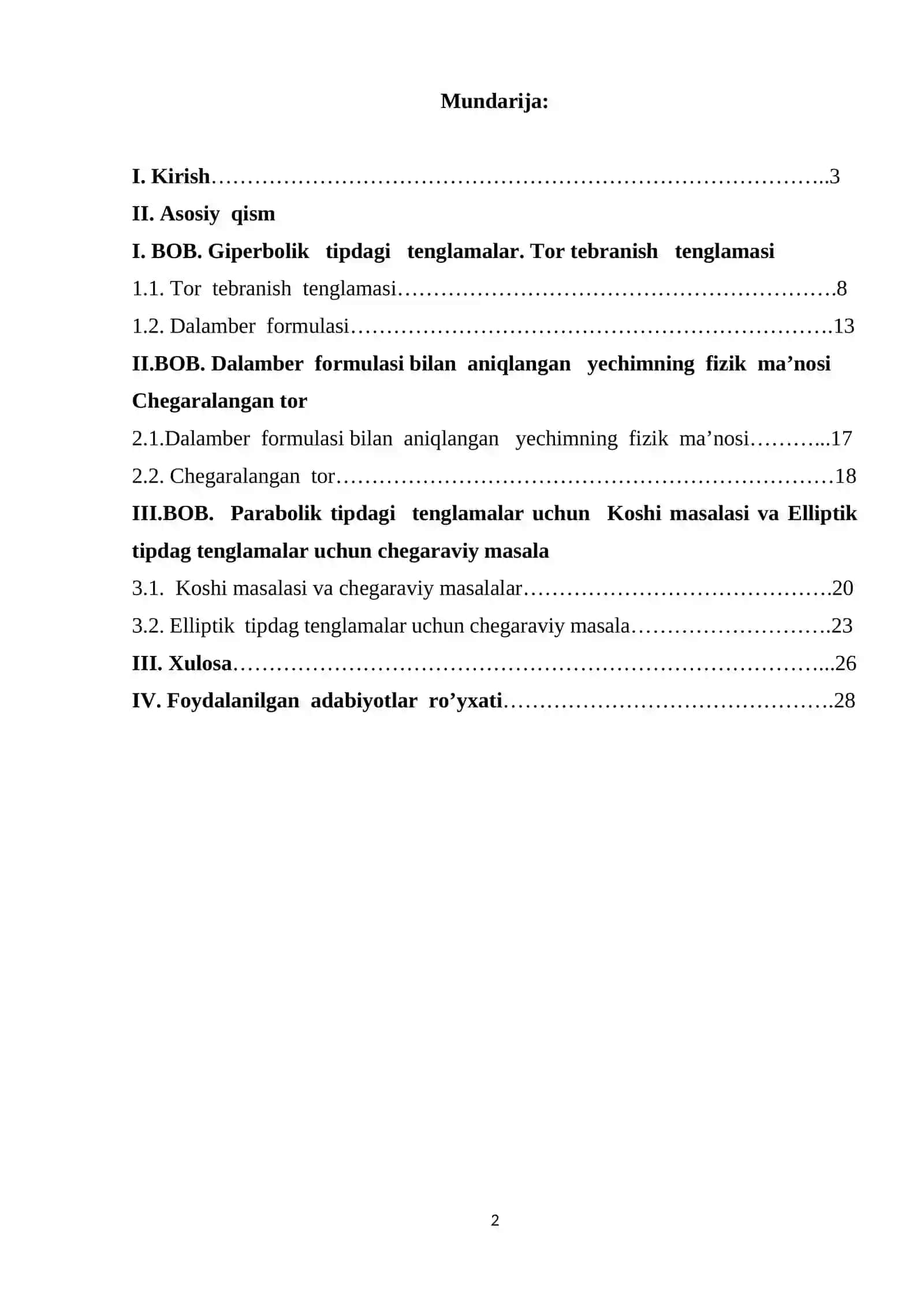 Giperbolik tipdagi tenglamalar. Tor tebranish tenglamasi. Dalamber formulasi 2