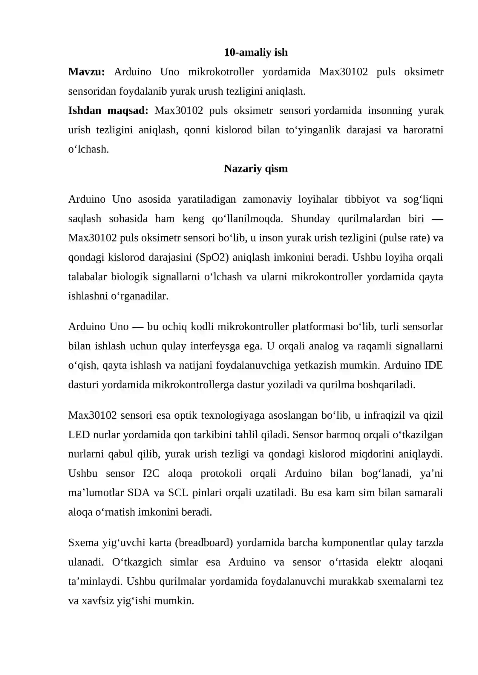 Arduino Uno mikrokotroller yordamida Max30102 puls oksimetr sensoridan foydalanib yurak urush tezligini aniqlash 2