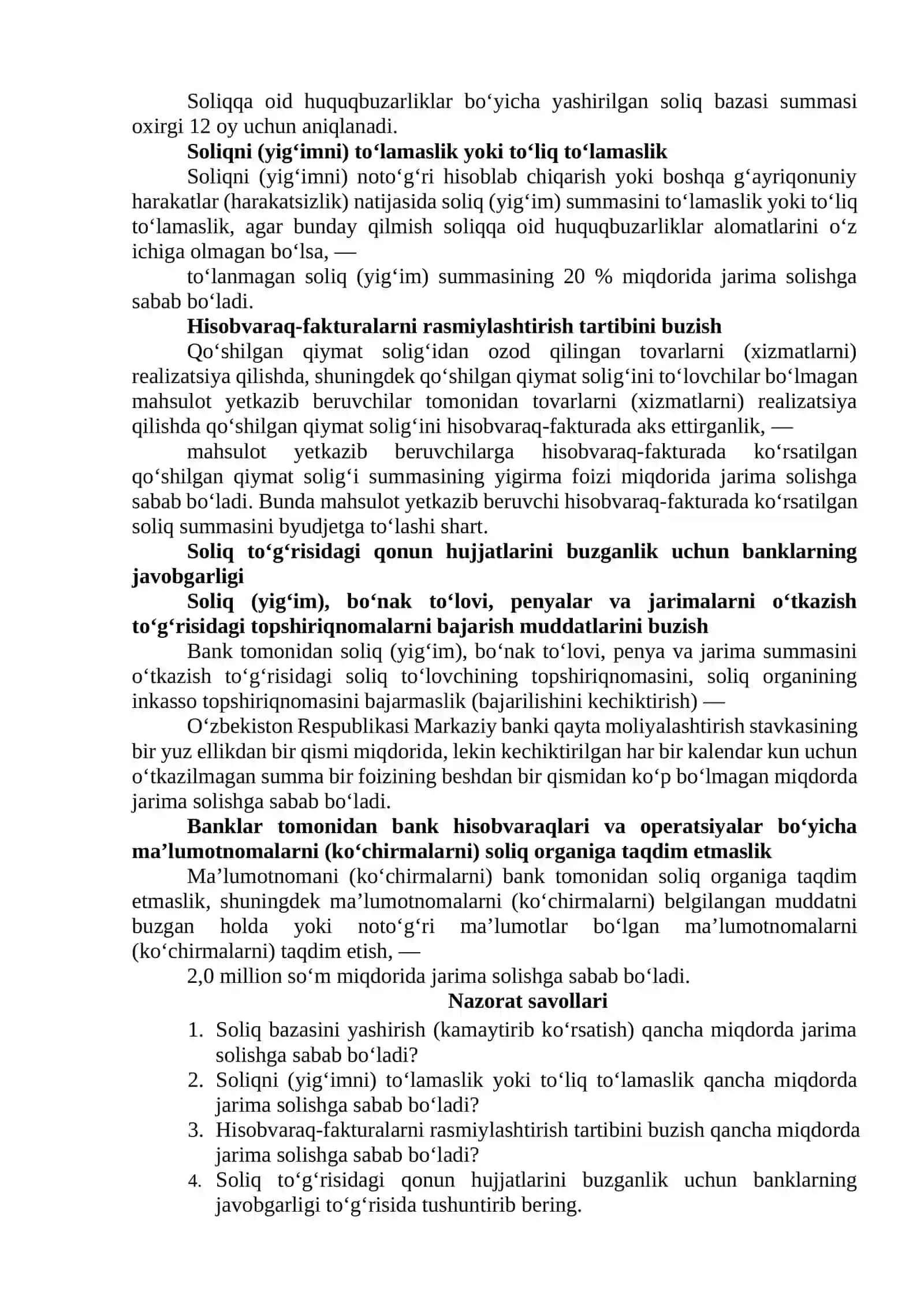 SOLIQ TO‘G‘RISIDAGI QONUNCHILIKNI BUZGANLIK UCHUN BANKLARNING JAVOBGARLIGI 2