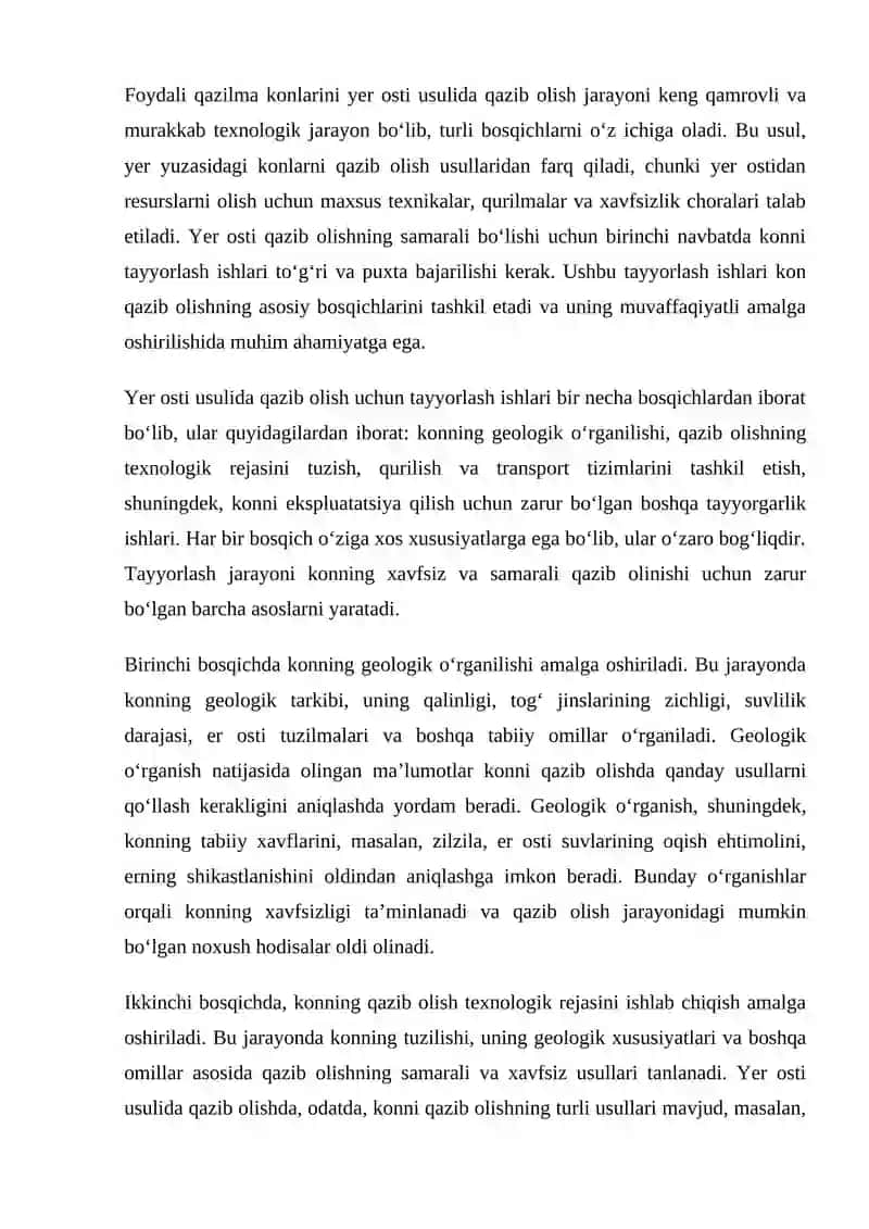 Foydali qazilma konlarini yer osti usulida qazib olishda tayyorlash ishlari 2