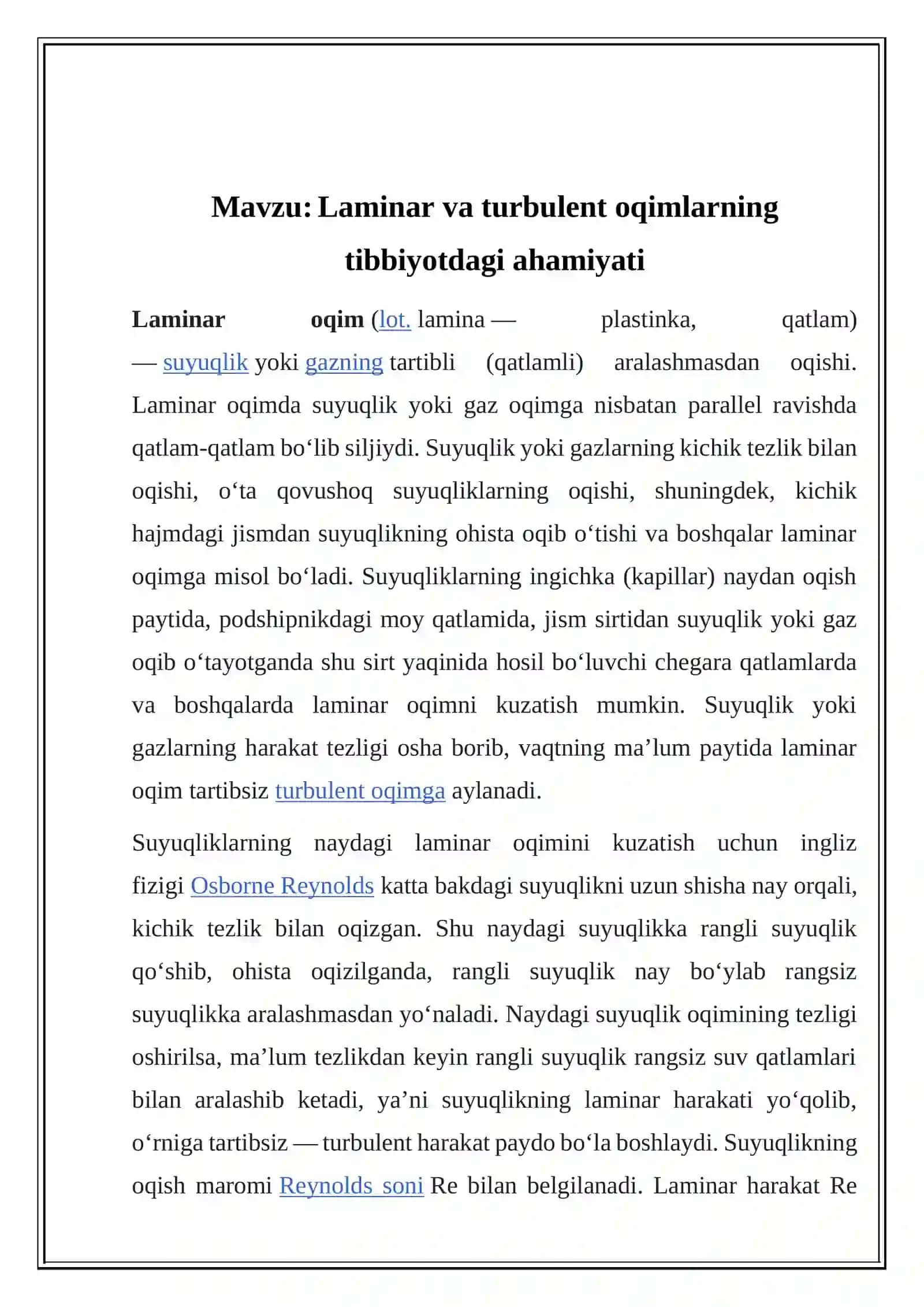 Laminar va turbulent oqimlarning tibbiyotdagi ahamiyati 2