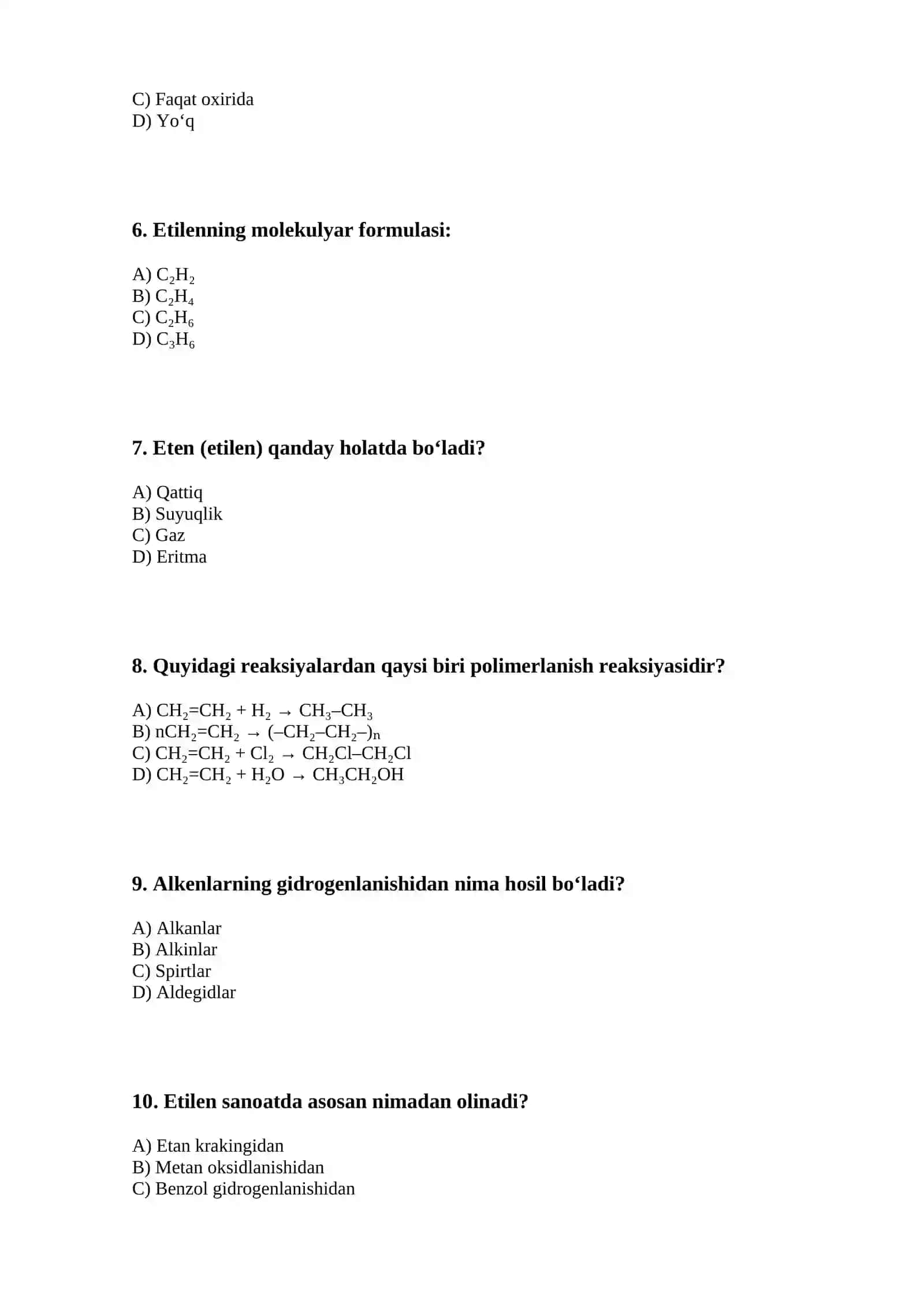 ETILEN QATORI UGLEVODORODLAR. HOLAT VA GEOMETRIK IZOMERIYA. NOMENKLATURASI. FIZIK XOSSALARI. OLINISHI 2