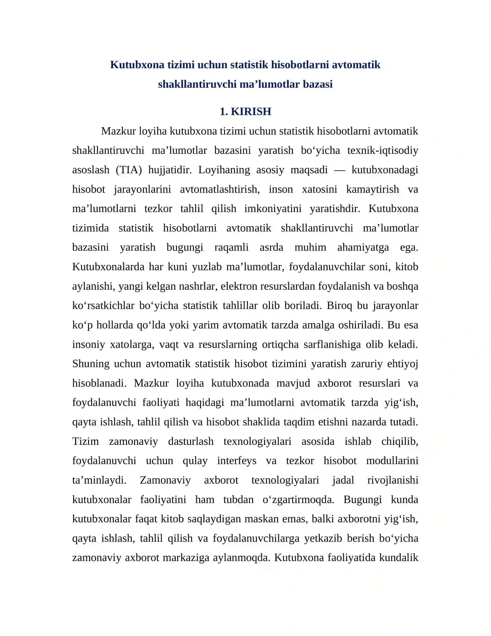 KUTUBXONA TIZIMI UCHUN STATISTIK HISOBOTLARNI AVTOMATIK SHAKLLANTIRUVCHI MA’LUMOTLAR BAZASI 2