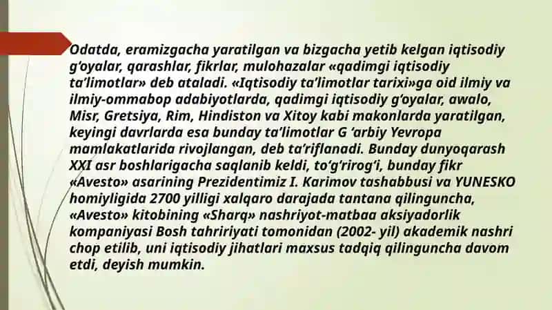 ZARDUSHTIZM (AVESTO) DAGI IQTISODIY G’OYALARI 2