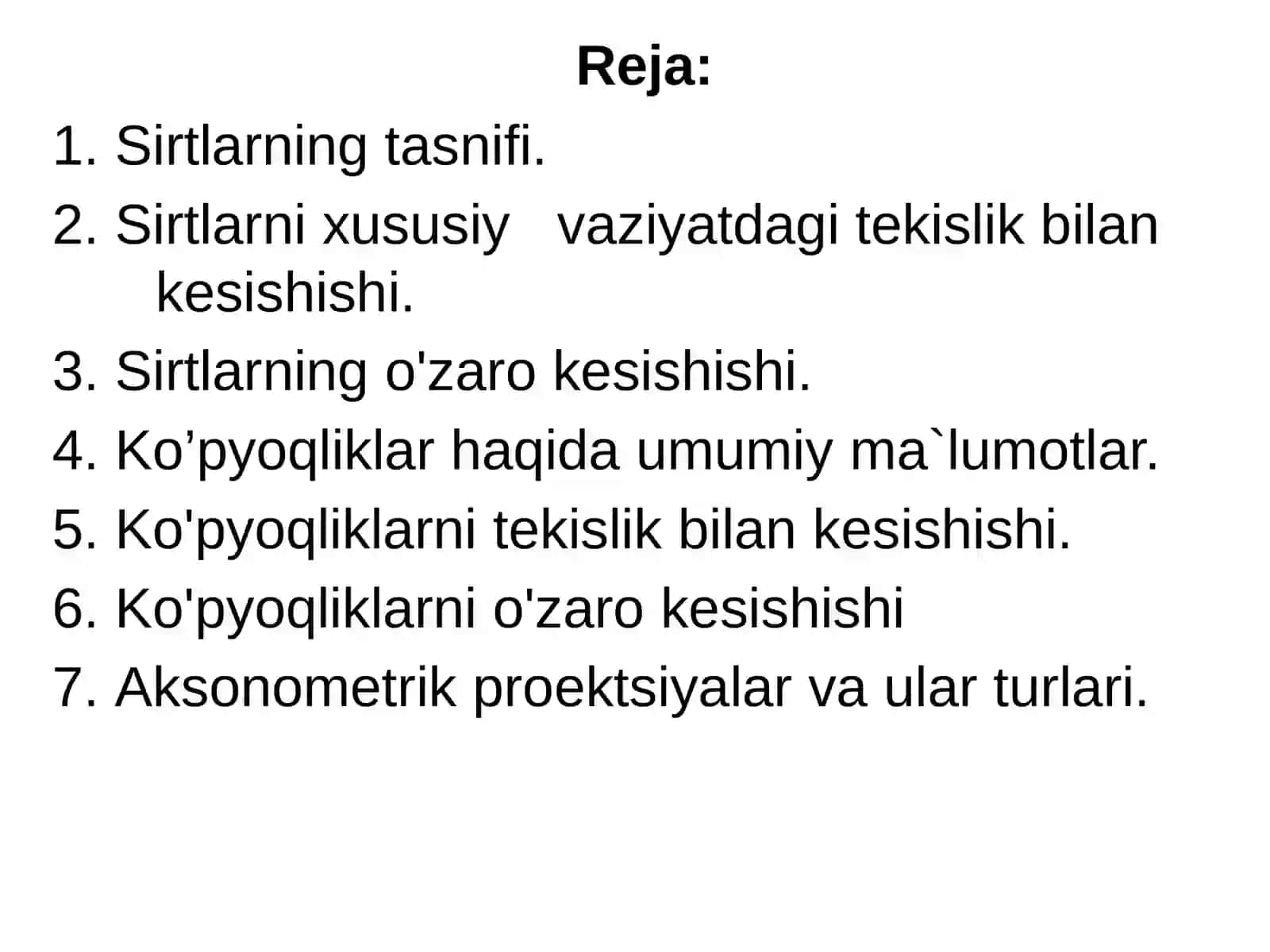 «MUHANDISLIK VA KOMPYUTERGRAFIKASI» FANI MAVZU:Sirtlar. Ko’pyoqlar va ko’pyoqli sirtlar. Aksonometrik proektsiyalar va ular turlari 2