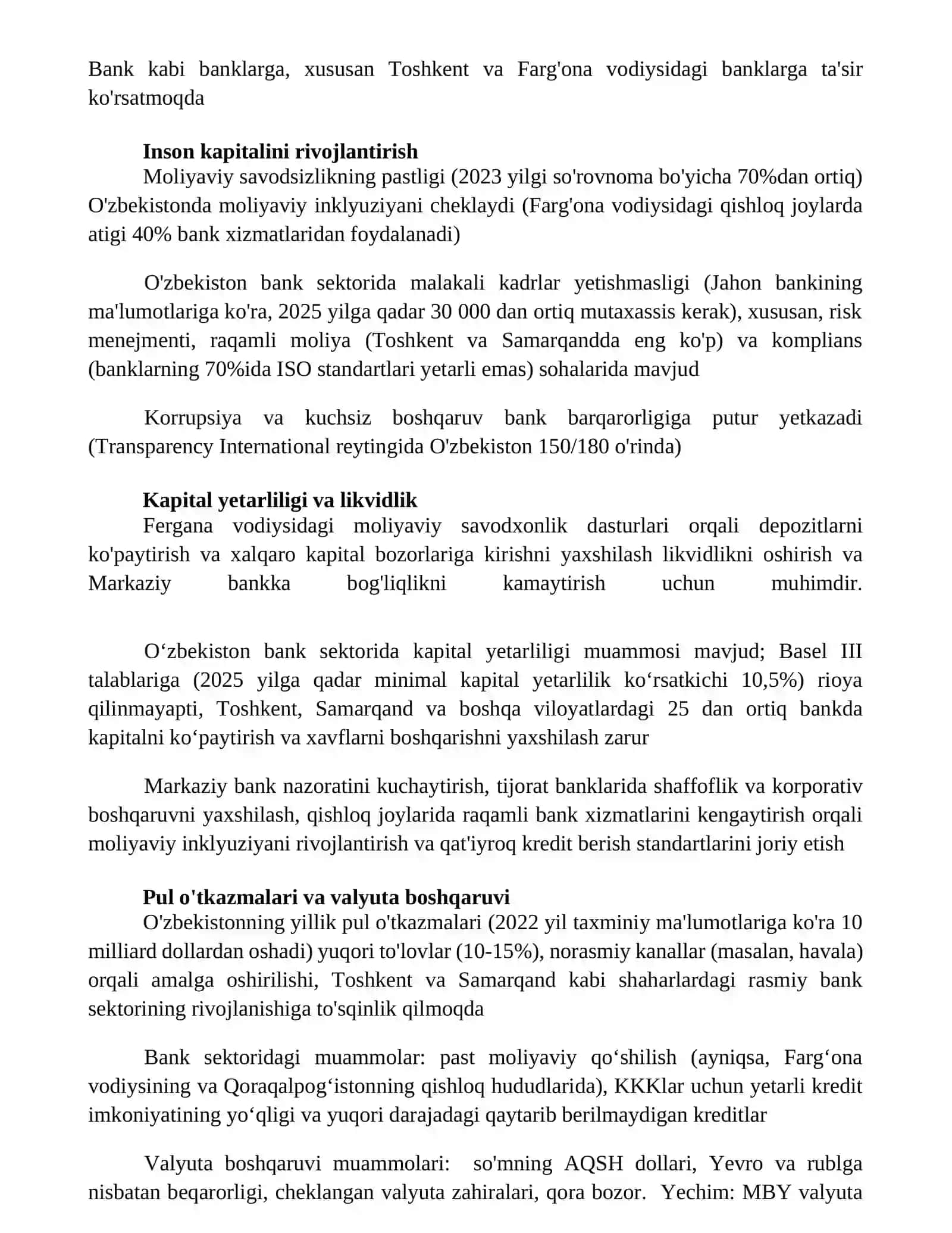 Oʻzbekiston bank tizimidagi asosiy muammolar va yechimlar 2