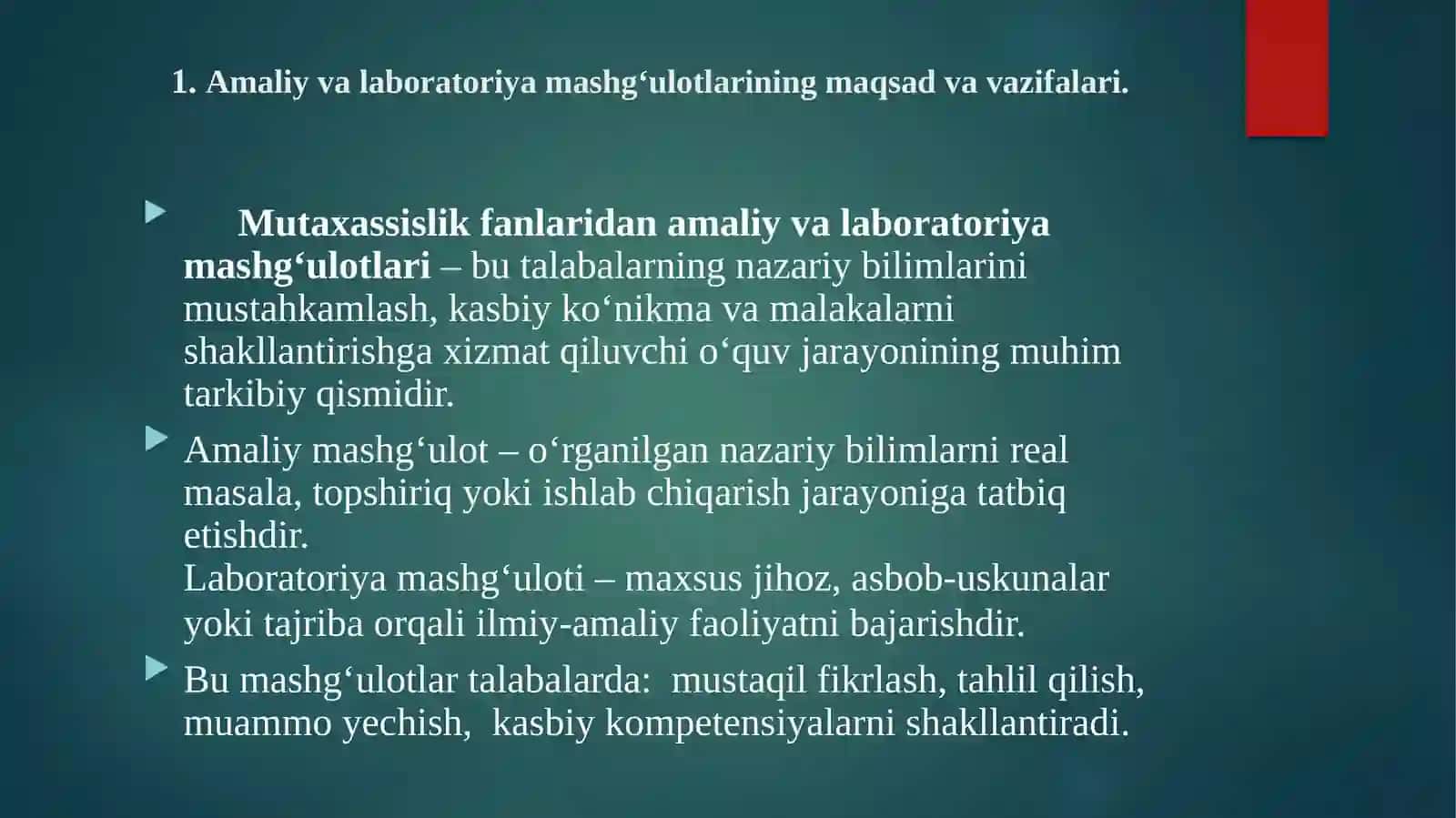 Amaliy va laboratoriya mashg'ulotlarini tashkil etish va o'tkazish metodikasi 2