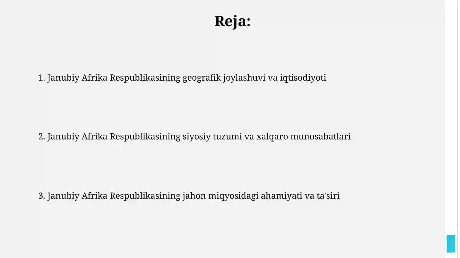 Janubiy Afrika respublikasi va uning jahon mamlakatlari orasida tutgan oʻrni 2