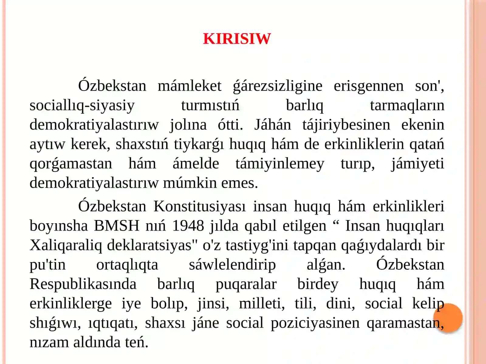 Ózbekstanda insan huquqları hám erkinlikleri kepilliginiń jaratılıwı 2